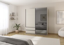 Schwebetürenschrank >Elara< in champagner / Grauspiegel - 181x210x62 (BxHxT)