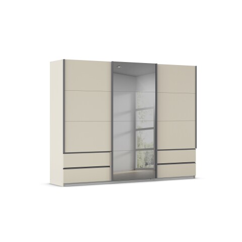 Schwebetürenschrank >Elara< in champagner / Grauspiegel - 271x210x62 (BxHxT)