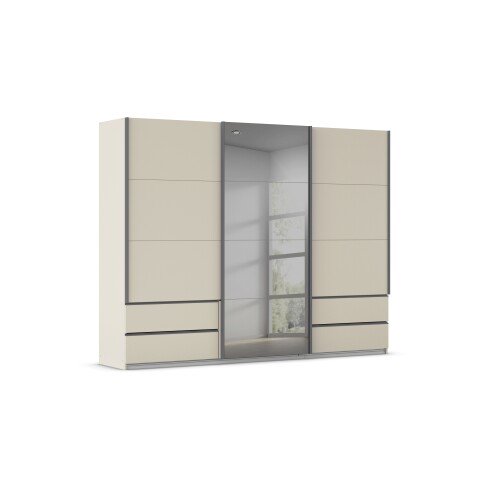 Schwebetürenschrank >Elara< in champagner / Grauspiegel - 271x210x62 (BxHxT)