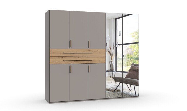 Drehtürenschrank >DIGIT< in SAHARAGRAU / EICHE / SPIEGEL - 225x208x58cm (BxHxT)