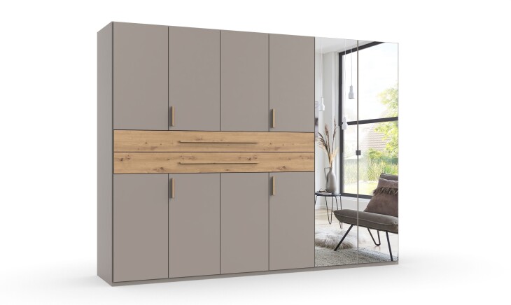 Drehtürenschrank >DIGIT< in SAHARAGRAU / EICHE / SPIEGEL - 270x208x58cm (BxHxT)