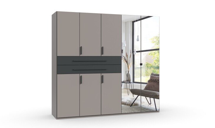 Drehtürenschrank >DIGIT< in SAHARAGRAU / GRAFIT / SPIEGEL  - 225x208x58 (BxHxT)