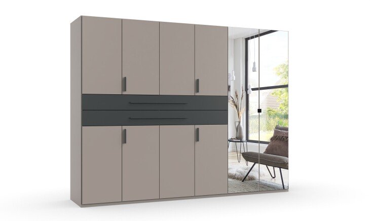 Drehtürenschrank >DIGIT< in SAHARAGRAU /  GRAFIT / SPIEGEL - 270x208x58 (BxHxT)