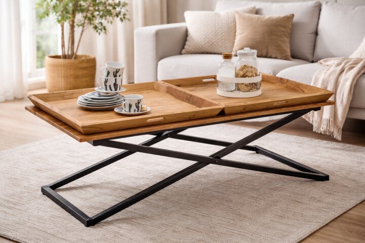 Couchtisch >Allround< in Akazie, Akazie massiv, Metall - 122x46x61cm (BxHxT)