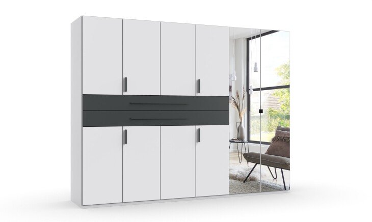 Drehtürenschrank >DIGIT< in WEISS / SCHWARZ / SPIEGEL - 270x208x58cm (BxHxT)