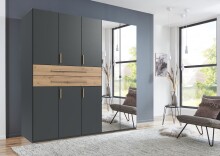 Drehtürenschrank >DIGIT< GRAFIT / ARTISAN EICHE DEKOR / SPIEGEL - 225x208x58cm (BxHxT)