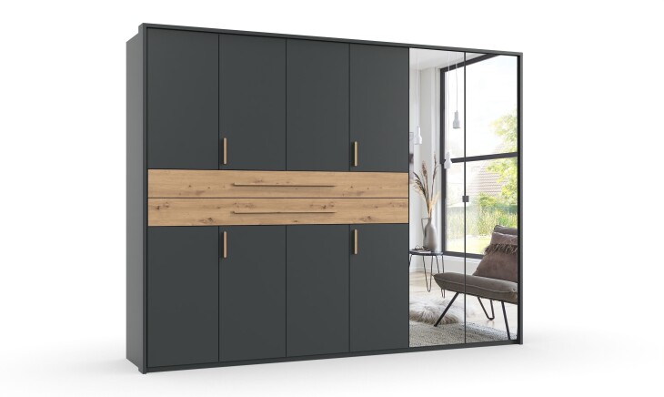 Drehtürenschrank >DIGIT< GRAFIT / ARTISAN EICHE DEKOR / SPIEGEL - 270x208x58 (BxHxT)