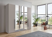 Drehtürenschrank >LONDON< in SAHARAGRAU / SPIEGEL / SCHWARZ - 225x208x58 (BxHxT)