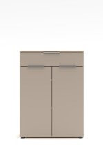 Kommode >Santorin< in Riva Eiche / Cashmere, Melamin + Glas - 80x110x38 (BxHxT)