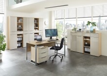 Kommode >Santorin< in Riva Eiche / Cashmere, Melamin + Glas - 80x110x38 (BxHxT)