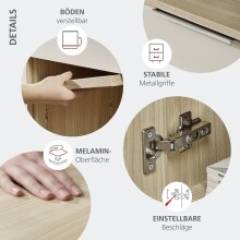 Kommode >Santorin< in Riva Eiche / Cashmere, Melamin + Glas - 80x110x38 (BxHxT)