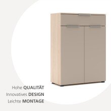 Kommode >Santorin< in Riva Eiche / Cashmere, Melamin + Glas - 80x110x38 (BxHxT)