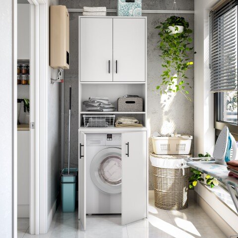 Waschmaschinenumbauschrank >Laundry< (2er-Set) in Weiß - 73x206x67 (BxHxT)