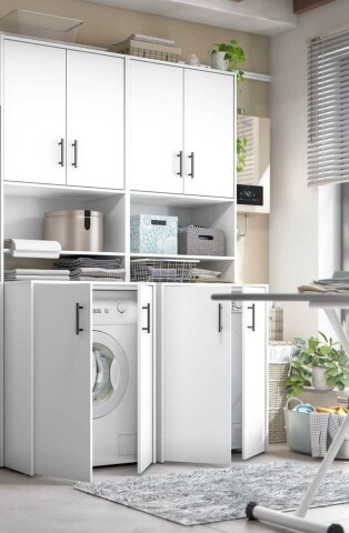 Waschmaschinenumbauschrank >Laundry< (4er-Set) in Weiß - 146x206x67 (BxHxT)