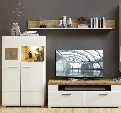 Wohnwand >Kathlin< (3-teilig) in Weiß matt / Eiche Dekor - 220x160x47 (BxHxT)