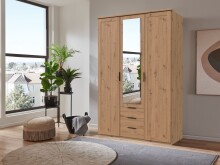Drehtürenschrank >NADJA< inkl. Inneneinteilung, EICHE DEKOR / SPIEGEL - 135x208x58cm (BxHxT)