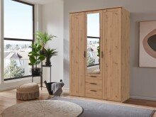 Drehtürenschrank >NADJA< inkl. Inneneinteilung, EICHE DEKOR / SPIEGEL - 135x208x58cm (BxHxT)