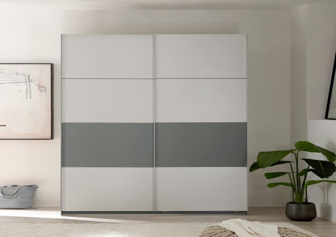 Schwebetürenschrank >MODESTE< in Salbei / Hellgrau - 215x210x60,5cm (BxHxT)