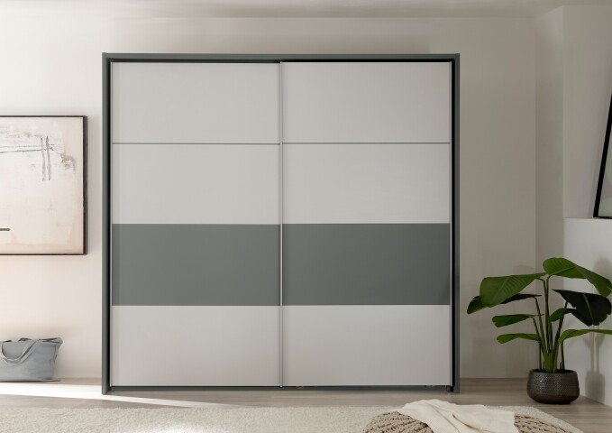Schwebetürenschrank >MODESTE< (2-teilig) in hellgrau / salbei - 225x215x62cm (BxHxT)