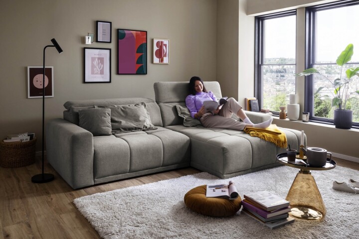 Polstergarnitur >Belan< Sitztiefenverstellung, Cord hellgrau - 288x80x176cm (BxHxT)