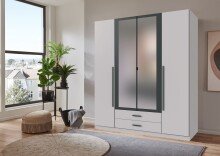 Drehtürenschrank >MARBURG< in WEISS MIT SCHWARZEEN GRIFFEN - 180x199x58 (BxHxT)