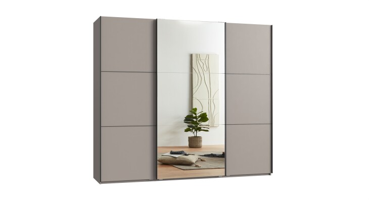 Schwebetürenschrank >indiana A< in SAHARAGRAU / SPIEGEL - 250x216x65cm (BxHxT)