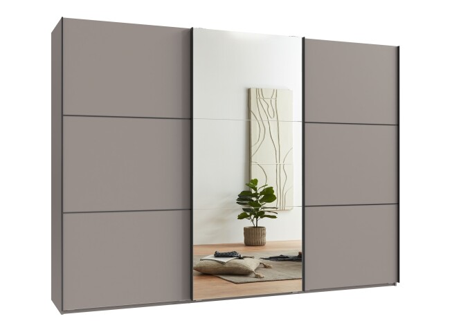 Schwebetürenschrank >indiana A< in SAHARAGRAU + SPIEGEL - 300x216x65cm (BxHxT)