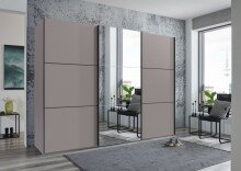 Schwebetürenschrank >indiana A< in SAHARAGRAU + SPIEGEL - 300x216x65cm (BxHxT)