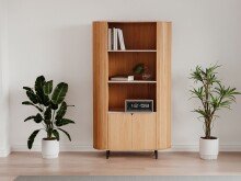 Highboard >Fabia< in Travertin / Eiche Dekor - 100x160x40 (BxHxT)