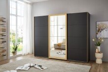 Schwebetürenschrank >KATAR< in GRAPHIT + GOLDFARBIG MATT - 270x208x64cm (BxHxT)