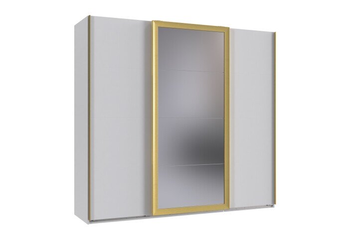 Schwebetürenschrank >KATAR< in WEISS + GOLD MATT - 225x208x64cm (BxHxT)