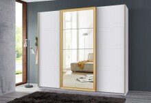 Schwebetürenschrank >KATAR< in WEISS + GOLD MATT - 225x208x64cm (BxHxT)