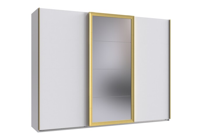 Schwebetürenschrank >KATAR< in WEISS + GOLD MATT - 270x208x64cm (BxHxT)