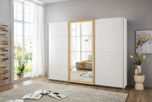 Schwebetürenschrank >KATAR< in WEISS + GOLD MATT - 270x208x64cm (BxHxT)