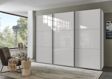 Schwebetürenschrank >indiana C< in WEISS + GLAS WEISS - 300x216x65cm (BxHxT)