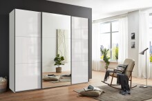 Schwebetürenschrank >indiana C< in WEISS + GLAS / SPIEGEL - 250x216x65cm (BxHxT)