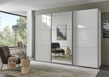 Schwebetürenschrank >indiana C< in WEISS + GLAS / SPIEGEL - 300x216x65cm (BxHxT)
