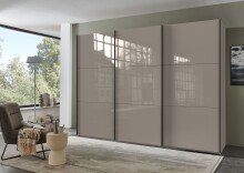 Schwebetürenschrank >indiana C< in SAHARAGRAU + GLAS - 300x216x65cm (BxHxT)