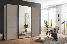 Schwebetürenschrank >indiana C< in SAHARAGRAU + GLAS / SPIEGEL - 250x216x65cm (BxHxT)