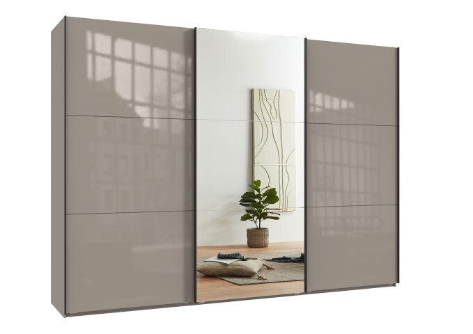 Schwebetürenschrank >indiana C< in SAHARAGRAU + GLAS / SPIEGEL - 300x216x65cm (BxHxT)