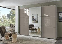 Schwebetürenschrank >indiana C< in SAHARAGRAU + GLAS / SPIEGEL - 300x216x65cm (BxHxT)