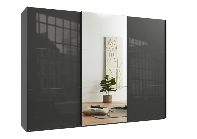 Schwebetürenschrank >indiana C< in GRAPHIT + GLASS GREY / SPIEGEL - 300x216x65cm (BxHxT)