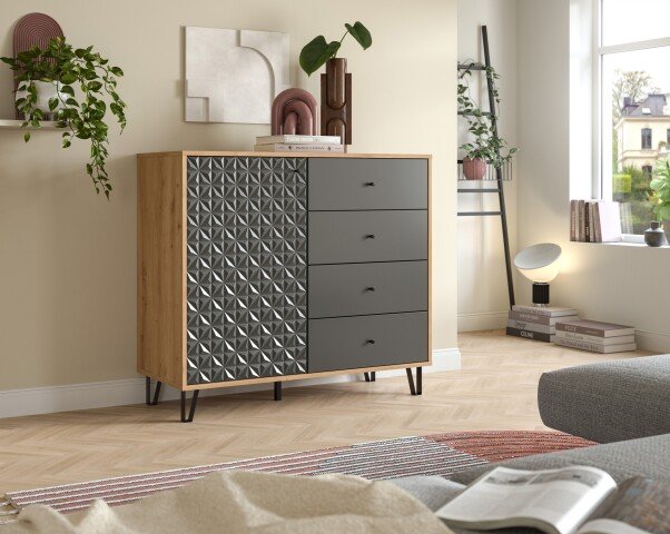 Highboard >Prisma< in Artisan Oak / Anthrazit matt - 110x96x40cm (BxHxT)