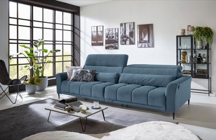Big-Sofa >Wolve< 2x elektr. Verstellung, Cord blau - 280x108x118cm (BxHxT)
