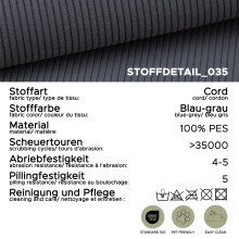 Ecksofa >Sancho Long< in blau-grau, Cord - 255x107x155cm (BxHxT)