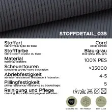 Ecksofa >Sancho Long< in blau-grau, Cord - 255x107x155cm (BxHxT)
