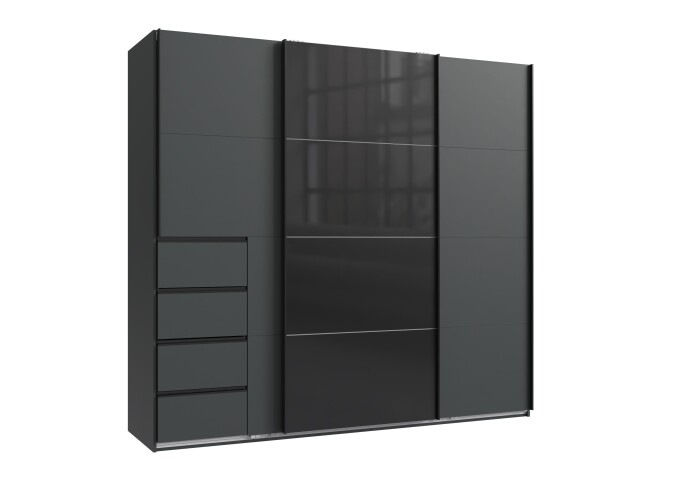 Schwebetürenschrank >BALI< in GRAPHIT / GLAS SCHWARZ - 225x208x64cm (BxHxT)