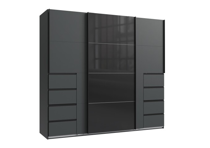 Schwebetürenschrank >BALI< in GRAPHIT / GLAS SCHWARZ - 225x208x64cm (BxHxT)