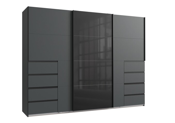 Schwebetürenschrank >BALI< in GRAPHIT / GLAS SCHWARZ - 270x208x64cm (BxHxT)