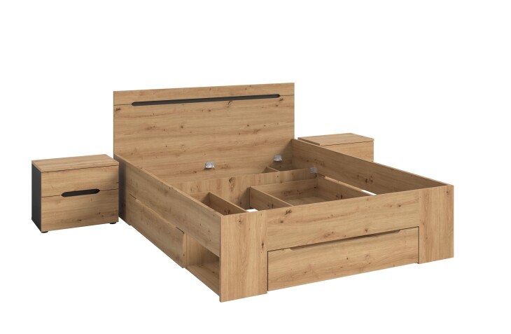 Bettgestell >Canu< in Basalt Grau / Artisan inkl. 2x Nachtkommoden - 244x87x205cm (BxHxT)